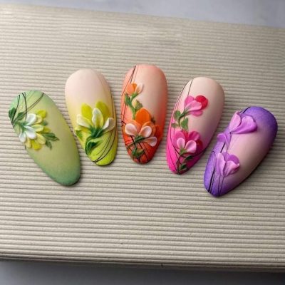 Enchanted Wilderness Nude-Based Nails with Colorful Flowers and Leaves