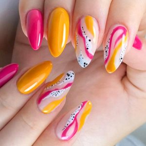 Yellow and pink abstract nail design